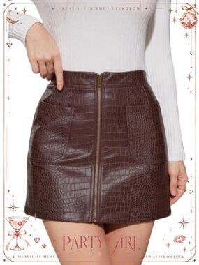 Faux Leather Bodycon Mini Pencil Skirt High Waist Pockets Front Zip